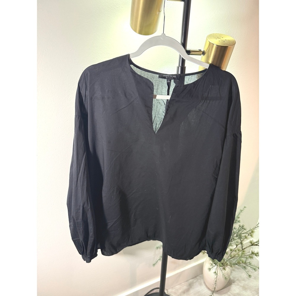 Lafayette 148 New York Black Cotton Peasant Top Puff Sleeve V-Neck Blouse L